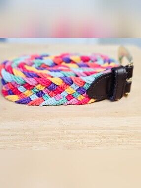 Rainbow Braided Woven Stretch Belt Size Large 44" Long Colorful Preppy Boho
